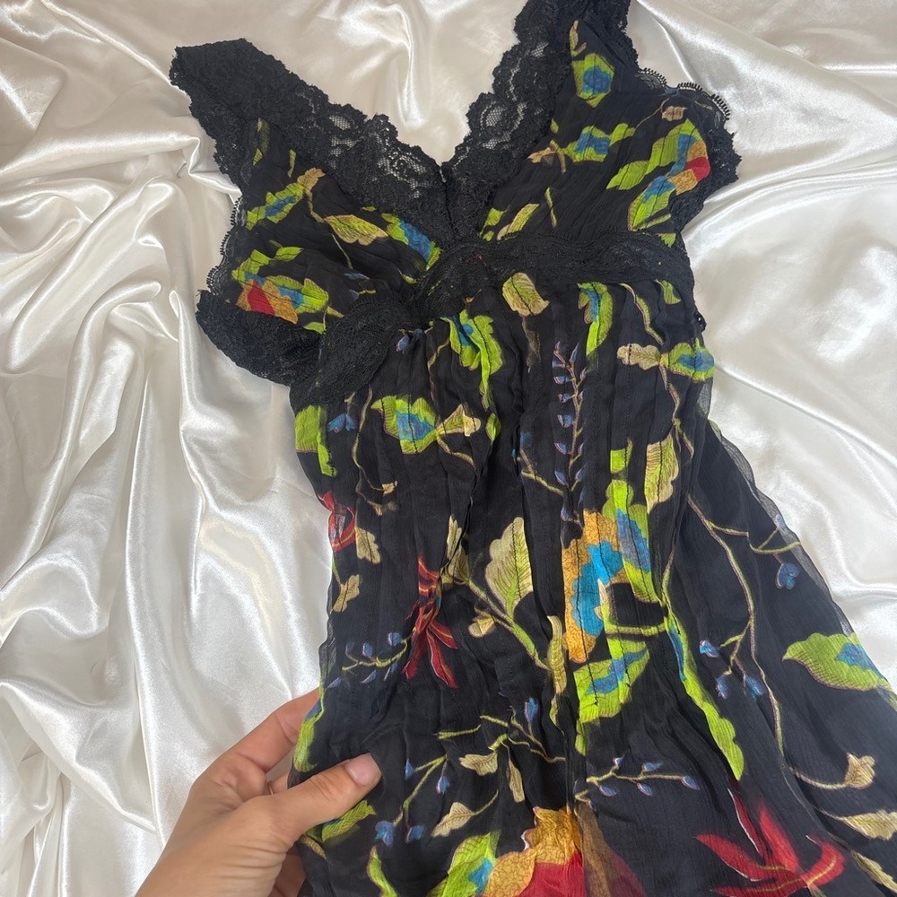 y2k silk Midi Dress Black Excellent Floral Lace Trim Sleeveless Crinkle Chiffon - Picture 4 of 5